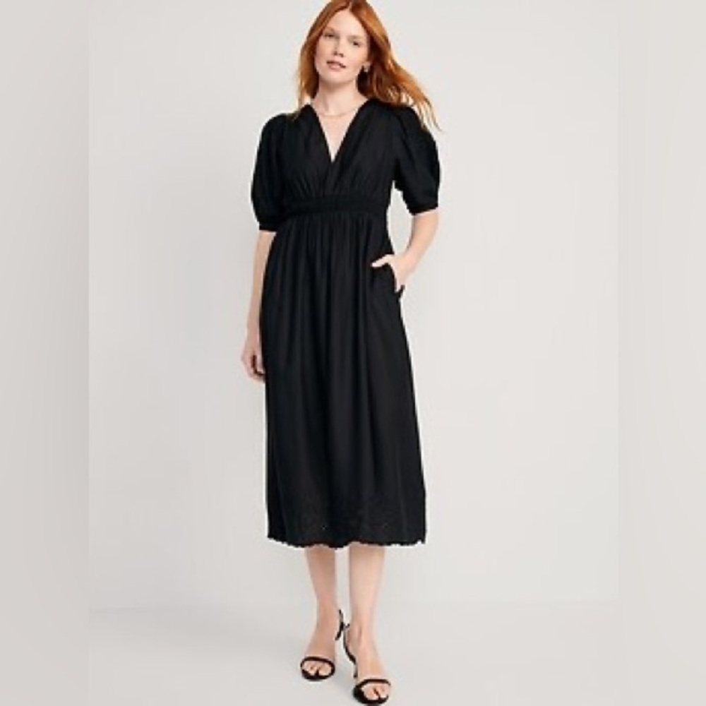 Old Navy Waist-Defined V-Neck Shirred Midi Dress Size XS Petite Black